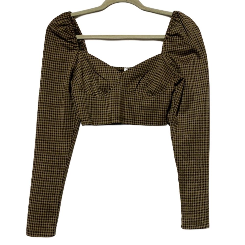 Checked Puff-Sleeve Cropped Top - Brown/Black